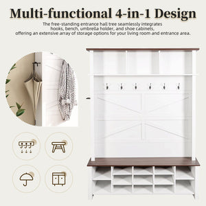 English Elm Farmhouse Hall Tree Entryway Organizer with Bench 16 Compartments and 6 Coat Hooks N721S000064K-1