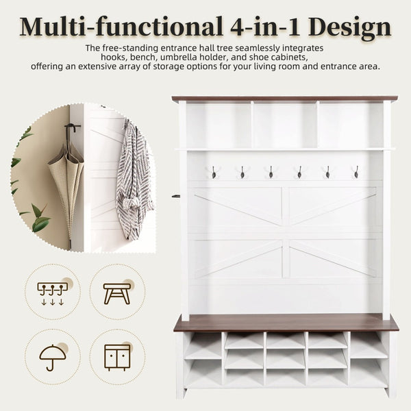 English Elm Farmhouse Hall Tree Entryway Organizer with Bench 16 Compartments and 6 Coat Hooks N721S000064K