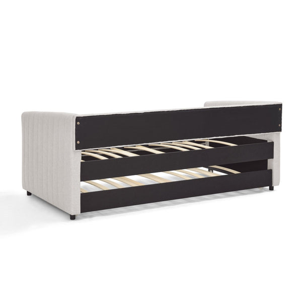 English Elm Twin Size Daybed With Trundle - Elegant Upholstered Sofa Bed In Beige Linen With Stripes, Space-Saving W1413S00090-GIGA