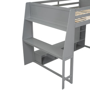 English Elm Wood Full Size Gaming Loft Bed with Integrated Desk, Shelves, LED Lighting & Hanging Clothes Rack Gray N7090001042E