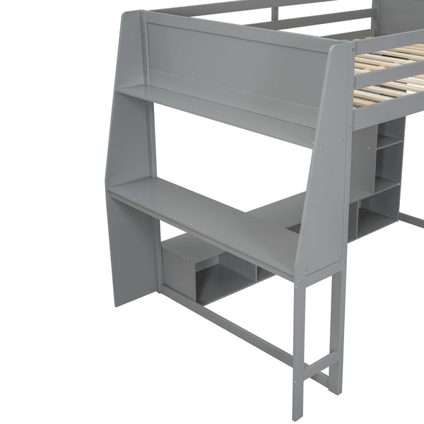 English Elm Wood Full Size Gaming Loft Bed with Integrated Desk, Shelves, LED Lighting & Hanging Clothes Rack Gray N7090001042E