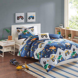 JLA Home Mi Zone Kids - Monster Truck Comforter Set with Plush Applique Pillow, Antimicrobial, Soft Reversible Twin Bedding 86 L x 86 W x 1H MZK10-165