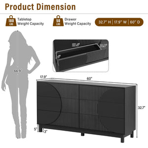 English Elm Modern Fluted 6 Drawer Dresser with Solid Wood Legs Japandi Chest for Bedroom Carbon Black N739S0000015E