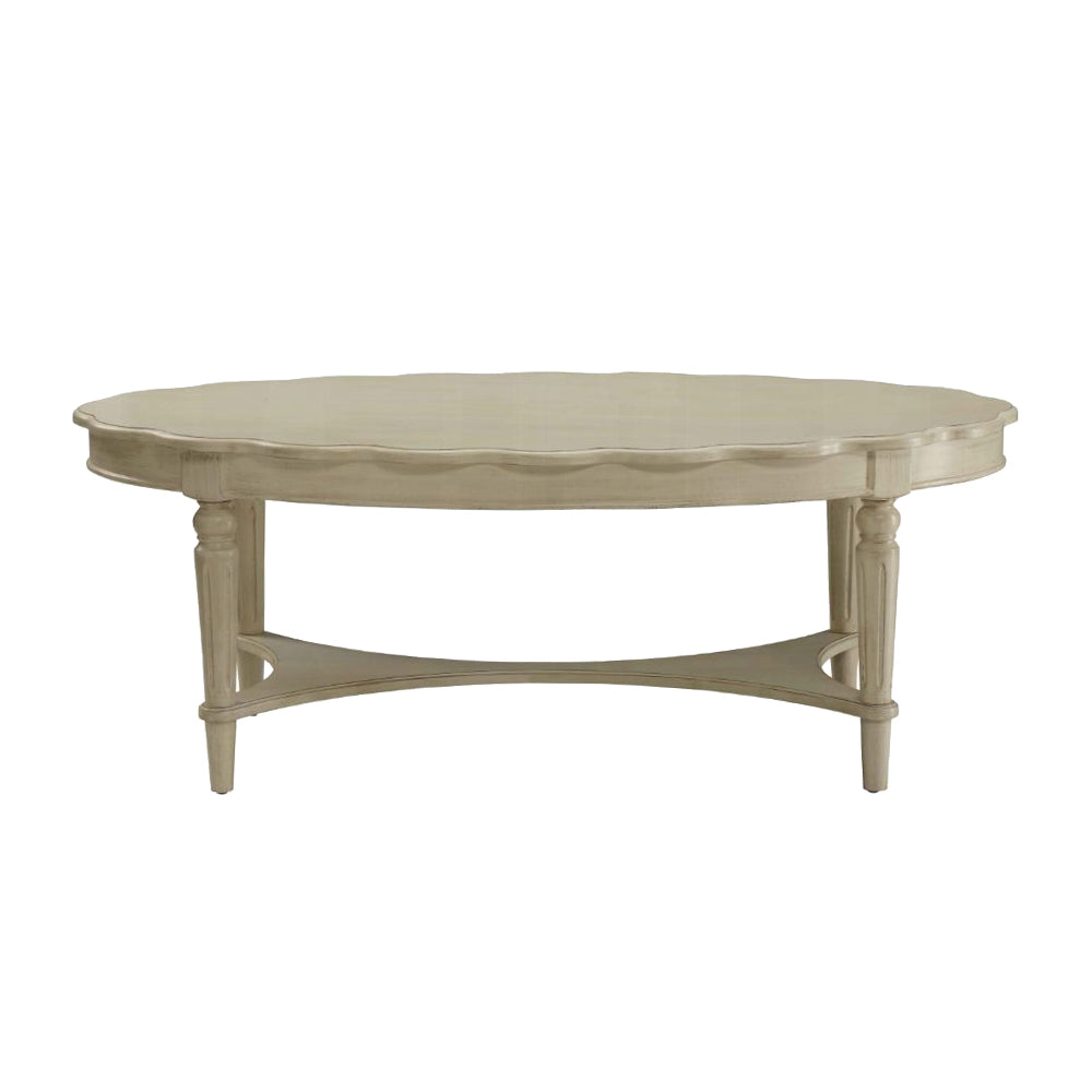 English Elm Oval Noble Scalloped Edge Coffee Table with Turned Tapered Legs and Bottom Shelf, Antique White Finish B016P310529