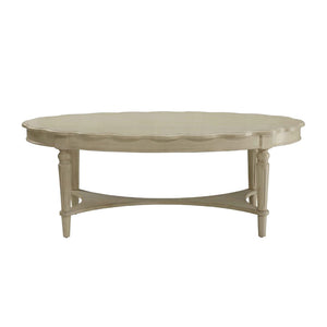 English Elm Oval Noble Scalloped Edge Coffee Table with Turned Tapered Legs and Bottom Shelf, Antique White Finish B016P310529