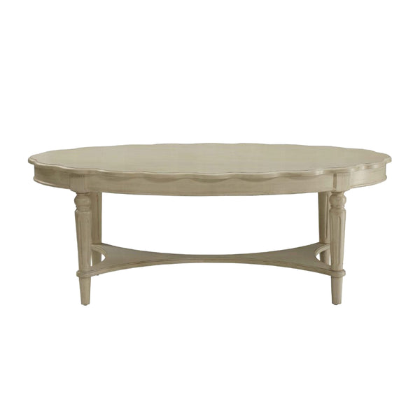 English Elm Oval Noble Scalloped Edge Coffee Table with Turned Tapered Legs and Bottom Shelf, Antique White Finish B016P310529