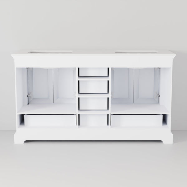 English Elm White Double Bath Vanity 60 in with Carrara Marble Top, Chrome Faucets, Soft-Close Drawers & Ample Storage B2731P258369