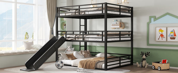 English Elm Queen Metal Triple Bunk Bed With Slide - Space-Saving, Heavy-Duty Design, Safety Guardrails In Black W1580S00172-GIGA