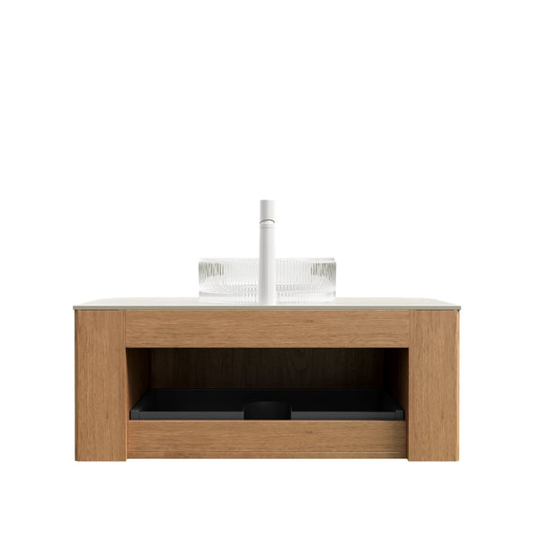 English Elm Dina Floating Bathroom Vanity Sintered Stone Top Glass Basin Striped Plywood Cabinet W2615S00351