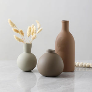 English Elm Rustic Matte Ceramic Vase Trio Neutral Tones Shelf Mantel Farmhouse Boho Decor Brown+Gray W2181P475132