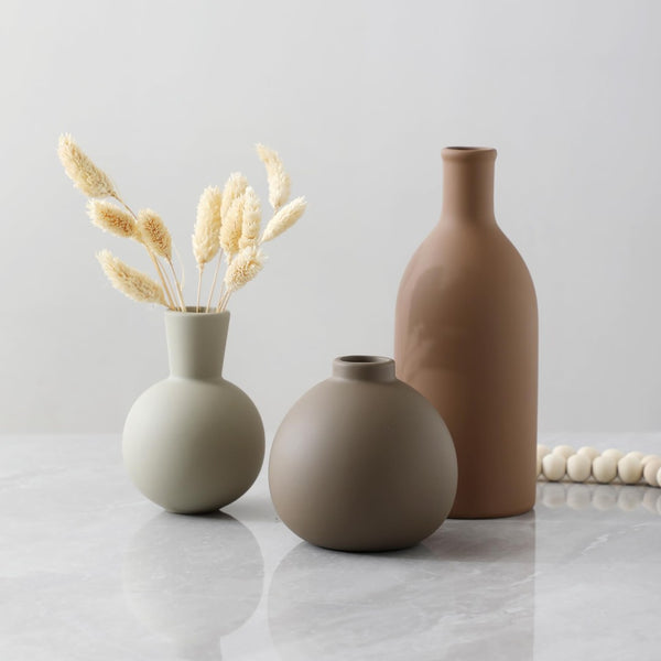 English Elm Rustic Matte Ceramic Vase Trio Neutral Tones Shelf Mantel Farmhouse Boho Decor Brown+Gray W2181P475132