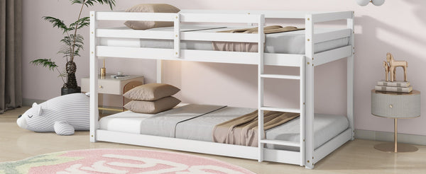 English Elm Solid Rubberwood Twin-Over-Twin Floor Bunk Bed With Ladder, Sturdy Slats & Stylish White Finish W504P191666-GIGA