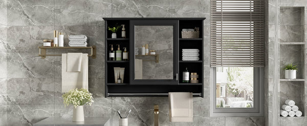 English Elm 3-in-1 Wall Mounted Medicine Cabinet with Soft Close Door Towel Bar and Vanity Mirror Black N710P358618B