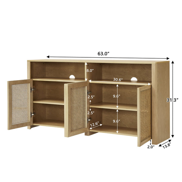 English Elm 63" Mid Century Modern Rattan Sideboard Buffet Cabinet with Adjustable Shelves, Durable Craftsmanship and Outlet Access for Living Room Storage and TV Console Natural W1801P371656
