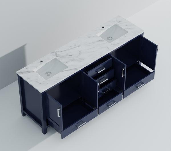 English Elm Navy Wood Double Bath Vanity 84" W x 22" D with Carrara Marble Top, Soft-Close Drawers & Ample Storage B2731P258987
