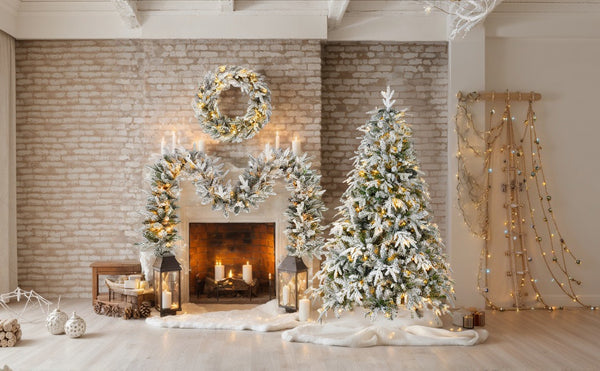 English Elm Christmas Snow Flocked Wreath Set with 9ft Garland & 6ft Tree, Warm LED Lights, 3-Piece Indoor Decor (100) PX283313AAW