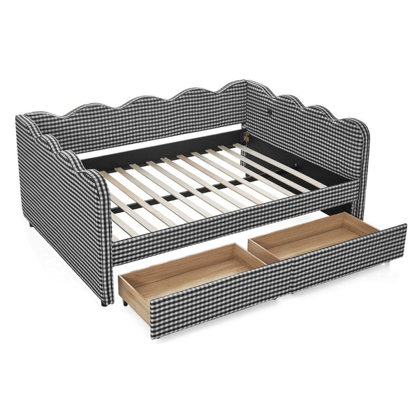 English Elm Full Size Gingham Linen Daybed with Wave Backrest Trundle and Usb Charging Port Black W1413S00154