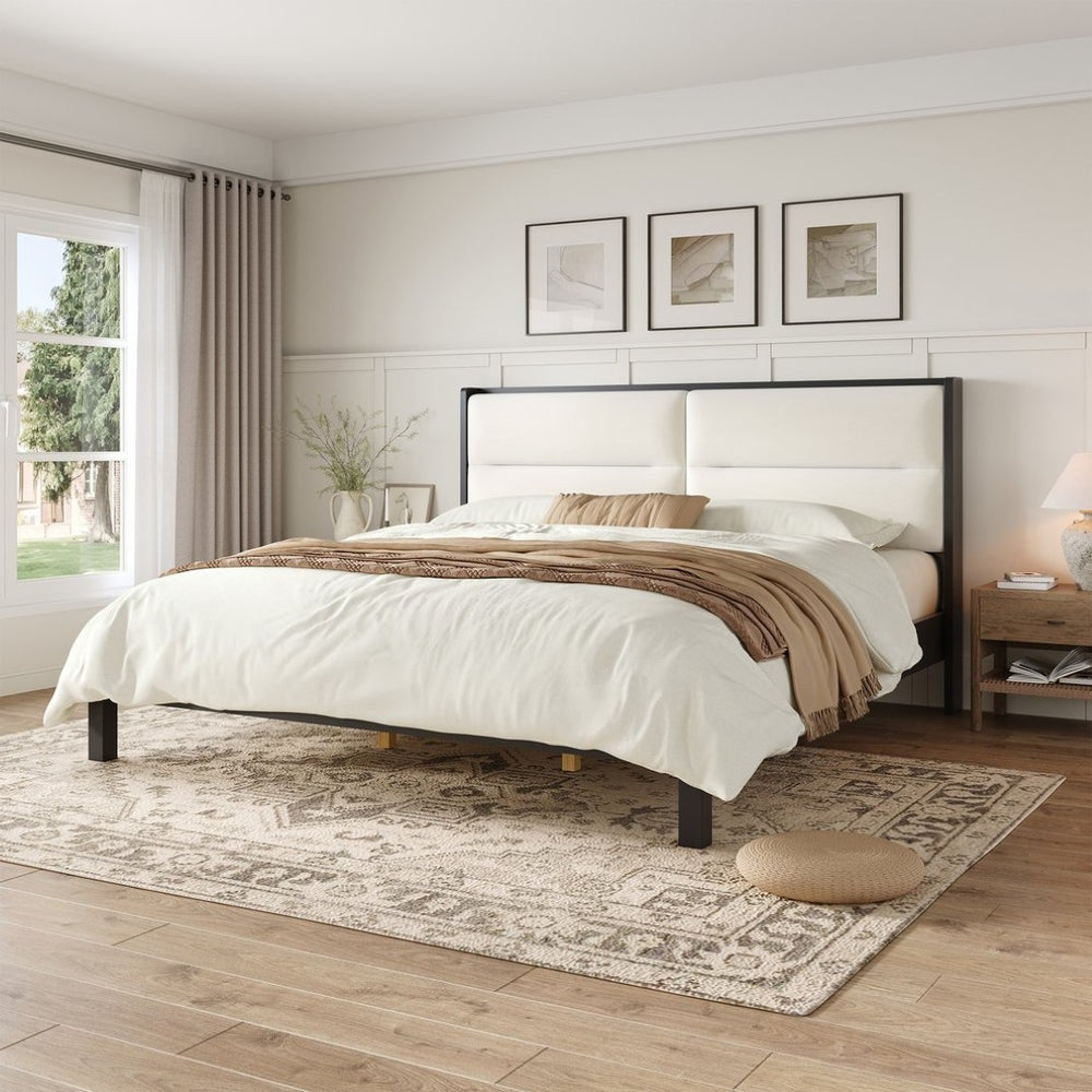 English Elm Solid Wood Queen Platform Bed Velvet Tufted Headboard Architectural Slat Design Black N7090000743B