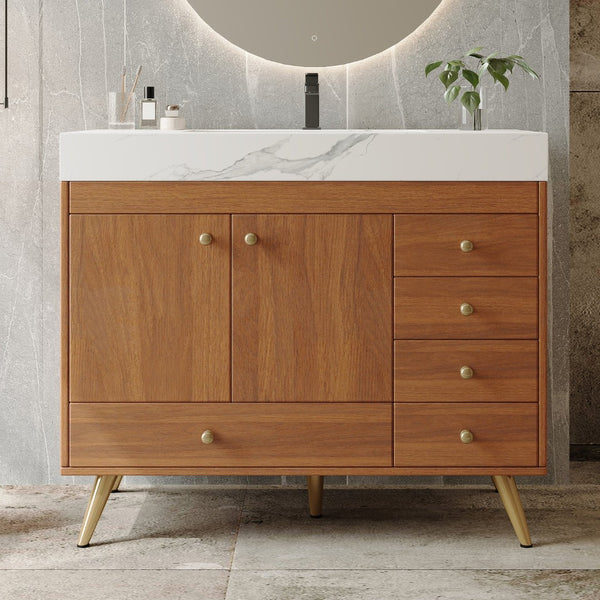English Elm 36" Freestanding Bathroom Vanity Sintered Stone Top Ceramic Sink Stainless Steel Legs Gold,Walnut,White W3136S00070