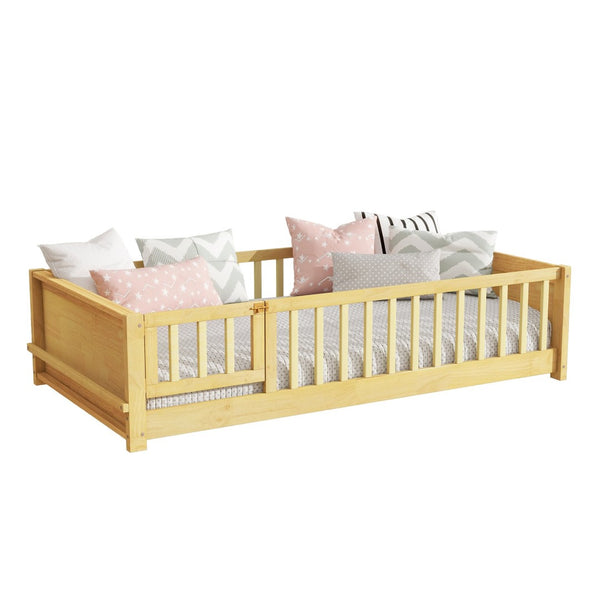 English Elm Twin Size Floor Bed With Book Rack & Fenced Door For Cozy Playtime, Natural Finish Design & Assembly W504P345771-GIGA
