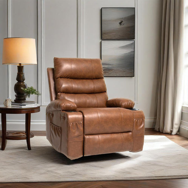 English Elm 21"seat Large Electric Power Lift Recliner Chair with 8-Point Vibration Massage, Lumbar Heat, Remote Control and Cup Holders for Easy Standing Comfort and Pocket Storage Brown W311P316089
