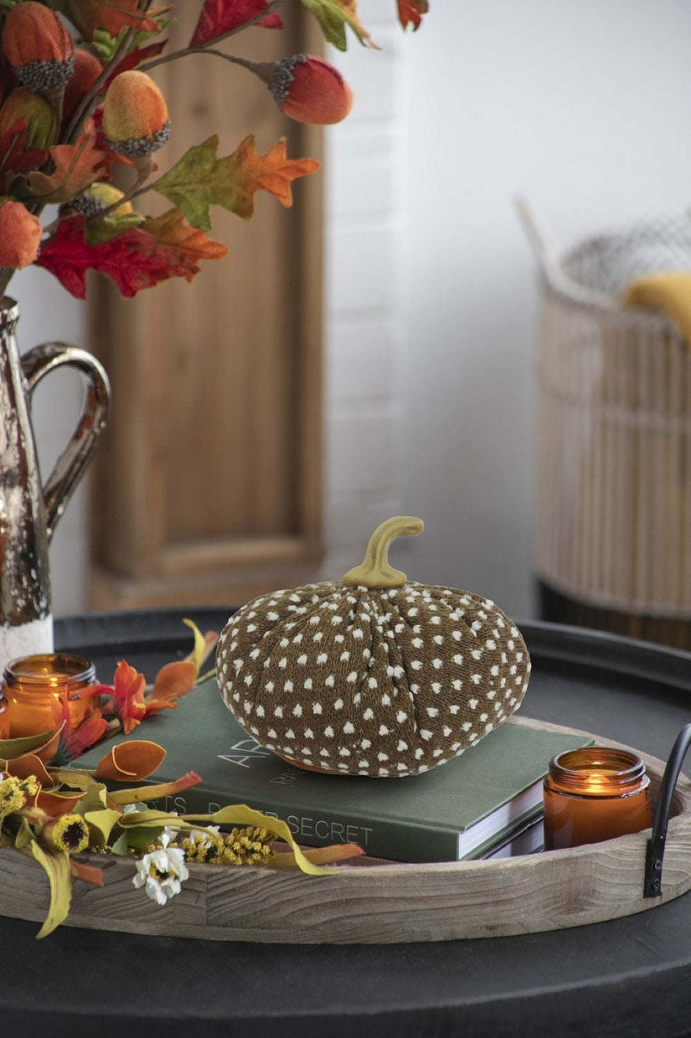 English Elm Set Of 2 Cozy Brown Fabric Pumpkins With White Dot Pattern - Perfect Autumn Decor For Thanksgiving & Fall W2078P375713-GIGA
