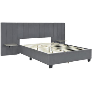 English Elm Queen Upholstered Platform Bed with Oversized Velvet Headboard, Built-In Shelves, Modern Comfort and Support for Relaxation Gray SF000138AAE