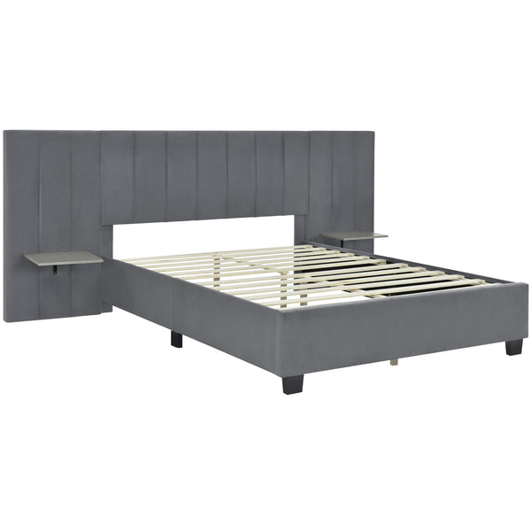English Elm Queen Upholstered Platform Bed with Oversized Velvet Headboard, Built-In Shelves, Modern Comfort and Support for Relaxation Gray SF000138AAE