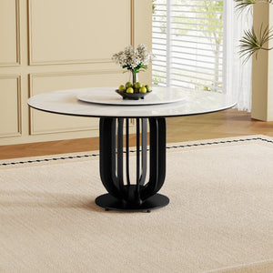 English Elm 59" Round Sintered Stone Dining Table With Lazy Susan & Black Steel Base - Ideal For Modern Spaces W2699S00036