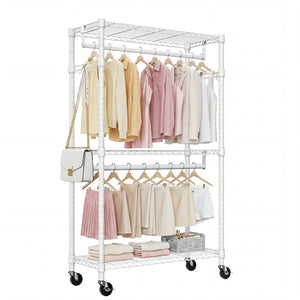 English Elm Heavy Duty Carbon Steel Rolling Garment Rack with Wire Shelving Dual Rods and Side Hooks White W5386P480951