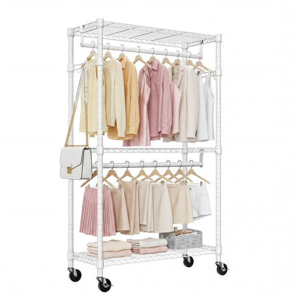 English Elm Heavy Duty Carbon Steel Rolling Garment Rack with Wire Shelving Dual Rods and Side Hooks White W5386P480951