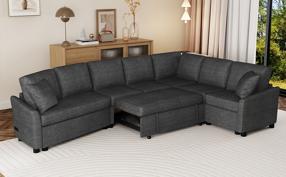 English Elm 124.8"L-shaped Sofa Convertible Sofa Bed with USB Ports & Power Outlets, Chenille Fabric, Foam-Pocket Spring Comfort Gray SG001430AAE