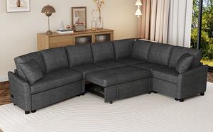 English Elm 124.8"L-shaped Sofa Convertible Sofa Bed with USB Ports & Power Outlets, Chenille Fabric, Foam-Pocket Spring Comfort Gray SG001430AAE