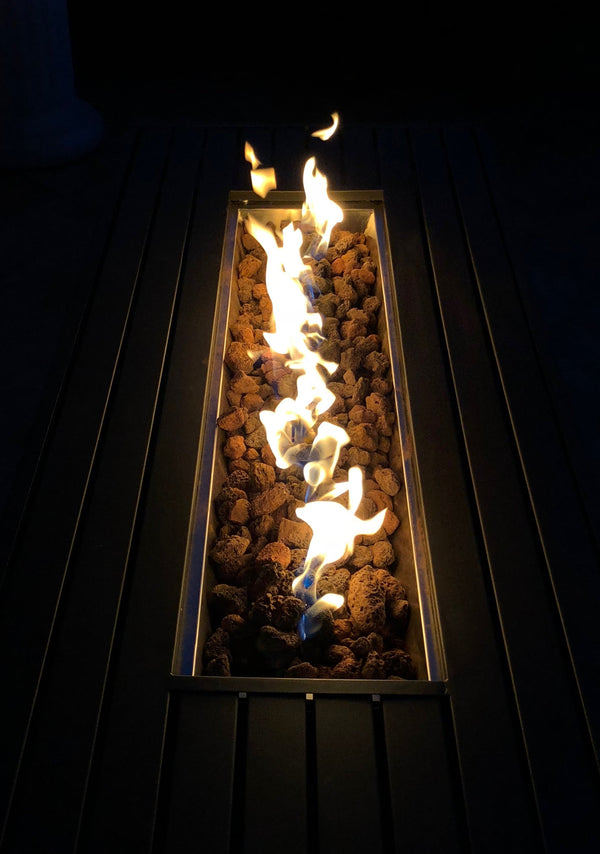 English Elm Casselton Steel Outdoor Fire Pit Table with Lid, Black Stainless, 8-Hour Burn, 57"x26"x14" B120P203166