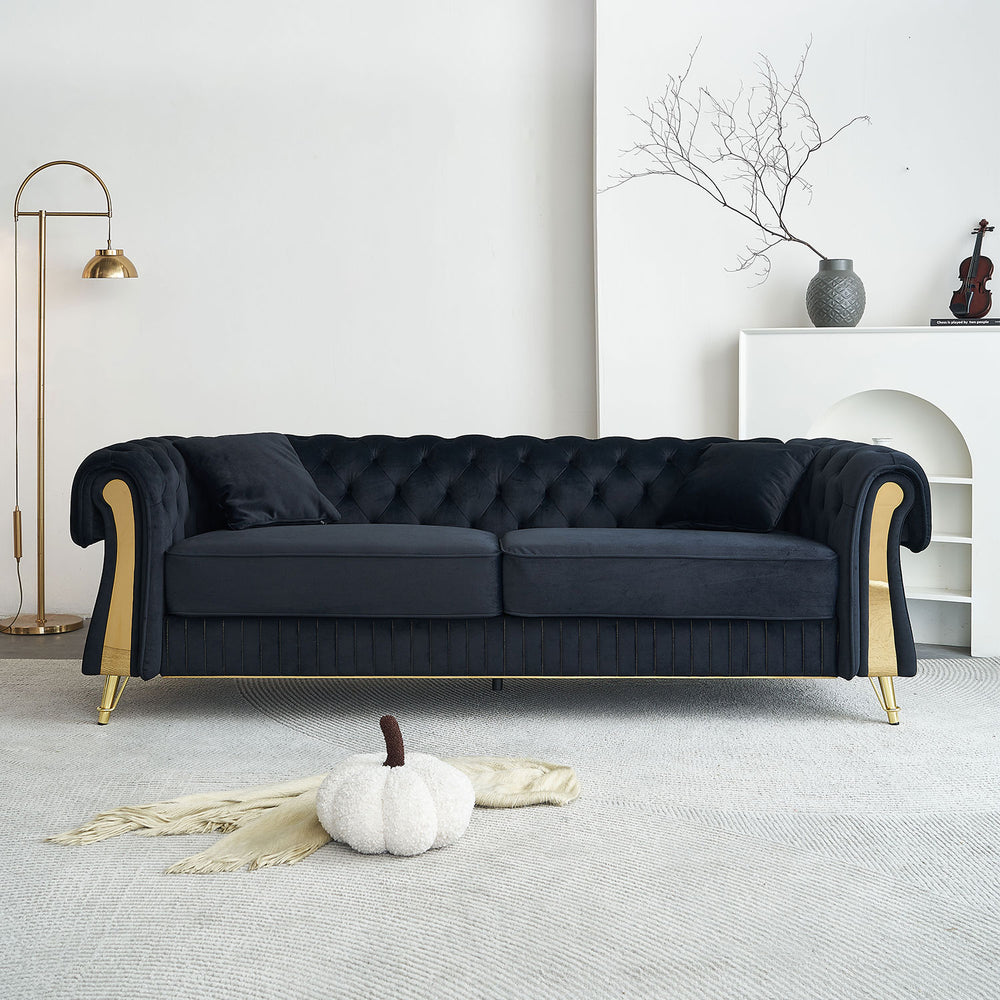 English Elm 89''W Chesterfield Modern Tufted Velvet Sofa with Pocket Springs, Gold Trim & Removable Cushions Black W579S00038