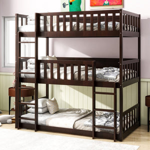 English Elm Twin Size Triple Bunk Bed In Espresso - Space-Saving Rubberwood Design With Ladders And Guardrails W504S00243-GIGA