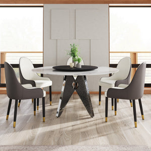 English Elm 59.05" Round Marble Dining Table With Silver Base, Lazy Susan, Seats 6-8, Modern Two-Tone Design W1535S00395