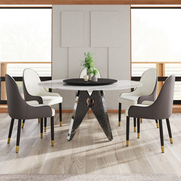 English Elm 59.05" Round Marble Dining Table With Silver Base, Lazy Susan, Seats 6-8, Modern Two-Tone Design W1535S00395