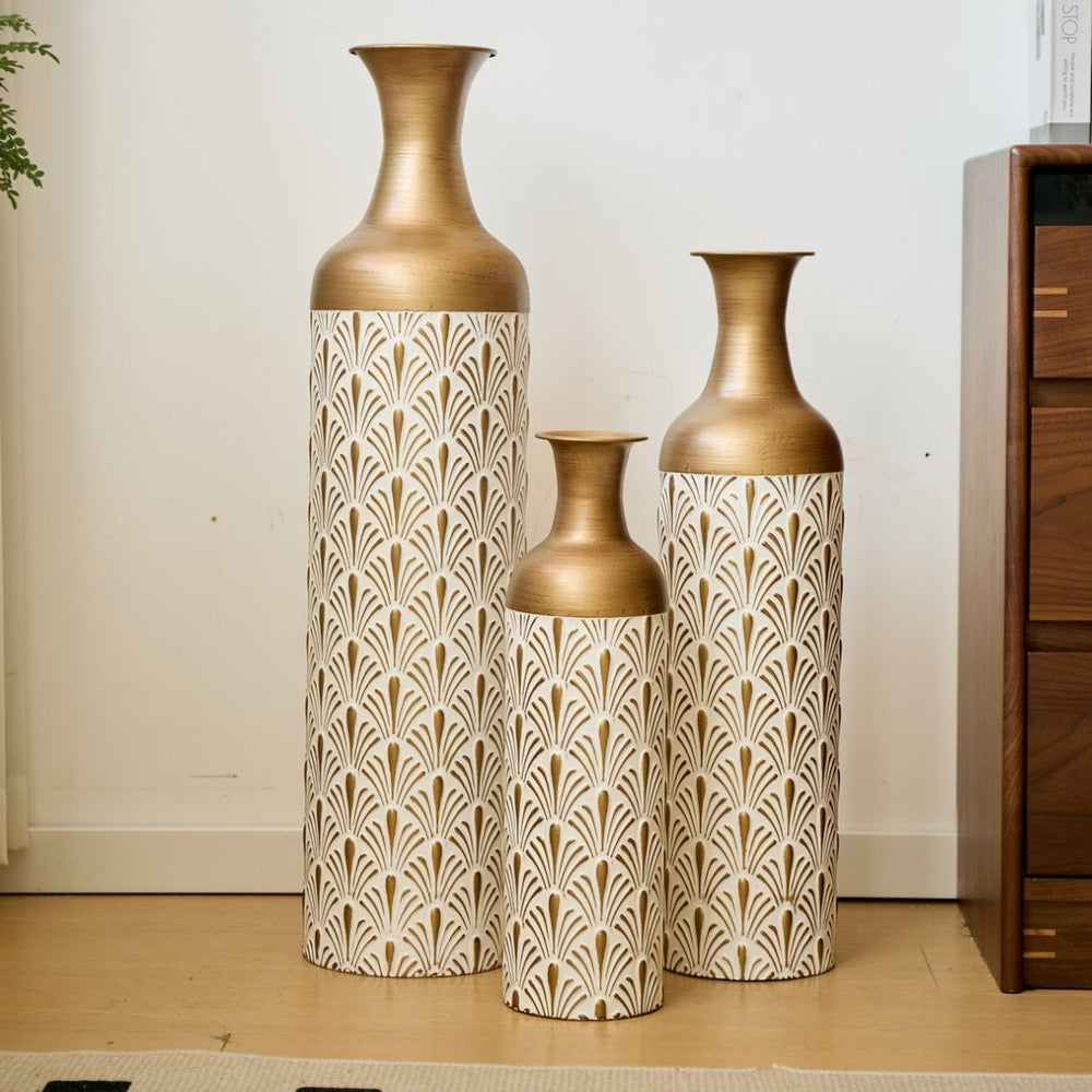English Elm Decorative White Gold Metal Floor Vase Trio Art Deco Fan Motif Living Room Accent W2796P386874