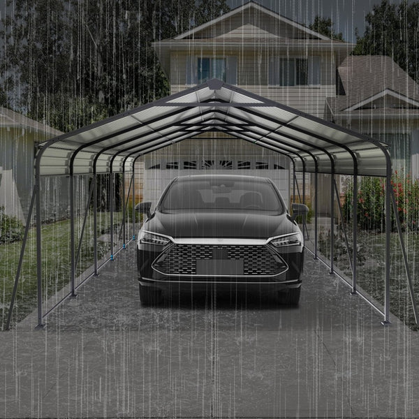 English Elm Metal Carport 13x26 Ft Galvanized Steel Frame Outdoor Vehicle and Boat Shelter W419S00062