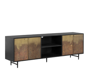 Sunpan Auburn Media Console Cabinet - Exotic Vibrance with Antique Brass Ombre Finish & Black Metal Frame