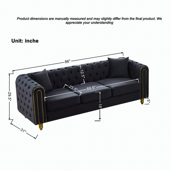 English Elm 86" Chesterfield Velvet Three Seat Sofa Button Tufted Rolled Arms Gold Legs Living Room Black W3373S00078