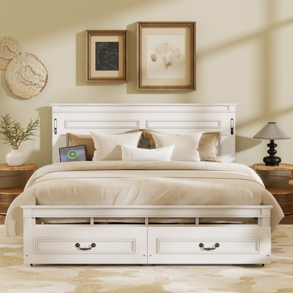 English Elm King Pine Wood Storage Bed with Led Lighting Usb Charging Tall Panel Headboard White W504S00269