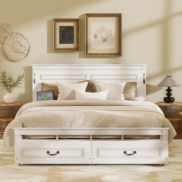 English Elm King Pine Wood Storage Bed with Led Lighting Usb Charging Tall Panel Headboard White W504S00269