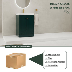 English Elm 24" Freestanding Bathroom Vanity with Resin Integrated Sink, Soft-Close Doors, Adjustable Shelf, Durable Plywood Finish Dark Green W999S00270