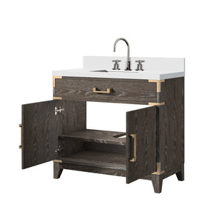 English Elm Brown Oak Single Bath Vanity 36" W X 22" D With Cultured Marble Top & Complete Faucet Set, Stylish Storage B2731P259785