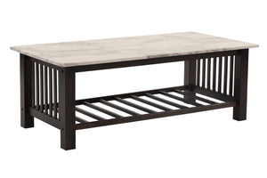 English Elm Contemporary 3pc Occasional Table Set Faux Marble Top Antique Walnut Finish Open Shelf Modern Design B011S01995