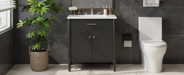 English Elm Christopher Knight Home® - 30 Inches Bathroom Vanity With Integrated Sink, Soft-Close Doors & Curved Design For Stylish Storage N817P299509B