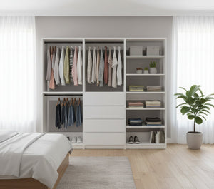 English Elm Prosper Freestanding White Walk-In Wood Closet System — Modular Oak Finish, Durable Melamine Storage, Easy Assembly B040S00139