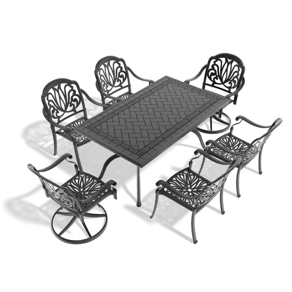 English Elm 7-piece Cast Aluminum Outdoor Dining Set with Carved Relief Detail and Swivel Chairs W1710S00619